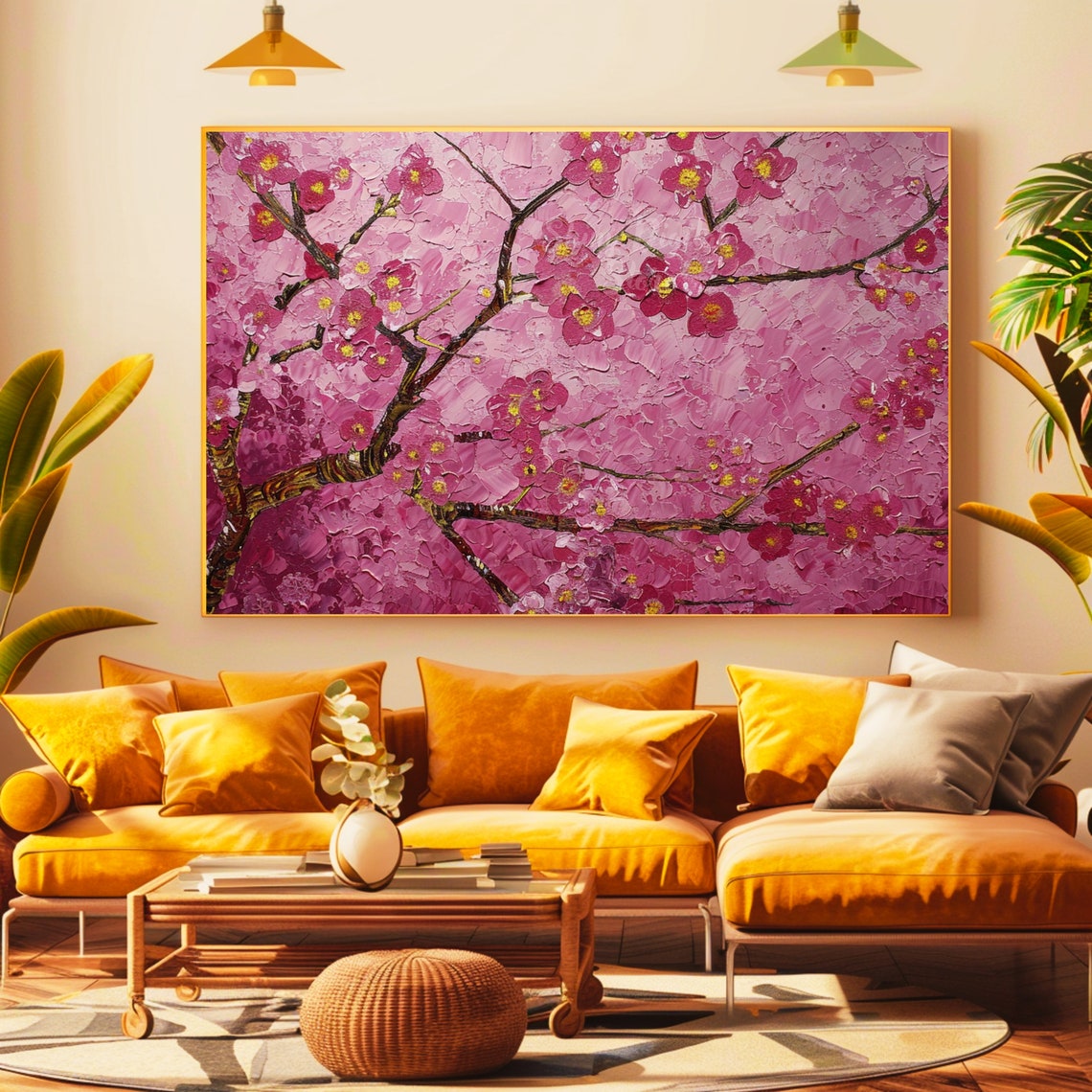 Cherry Blossom Branch Pink Blooms Textured Impasto Painting Poster - Image 2