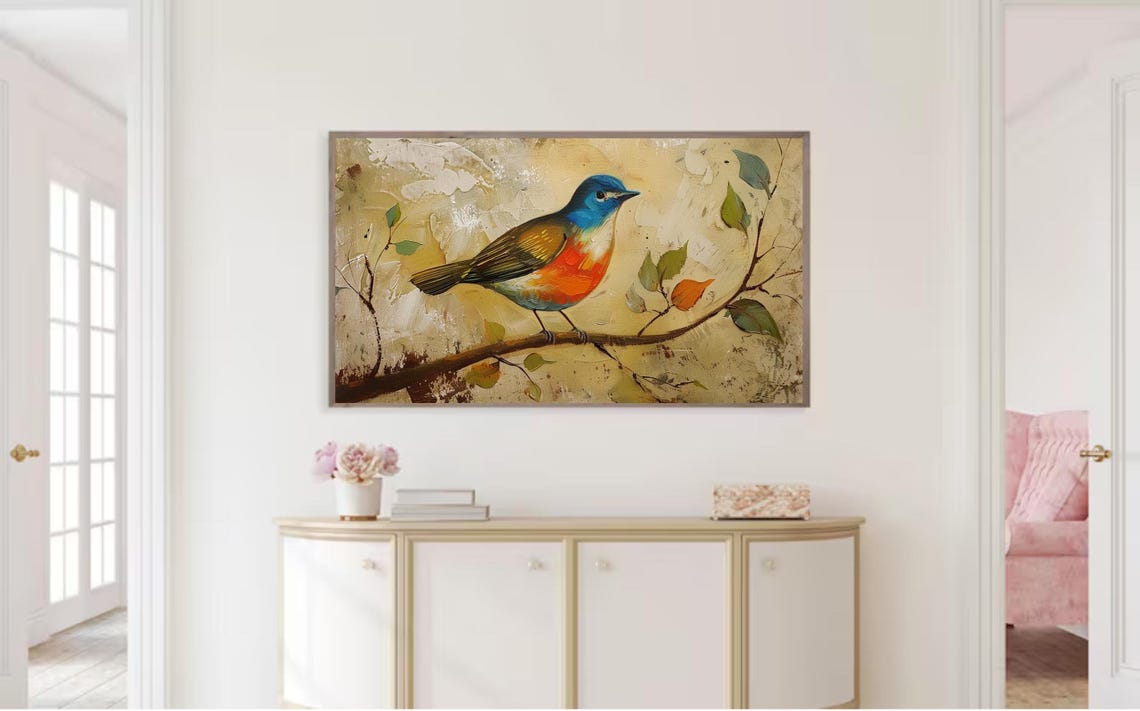 Blue Headed Songbird Perched Branch Autumn Leaves Impasto Art Print - Image 2