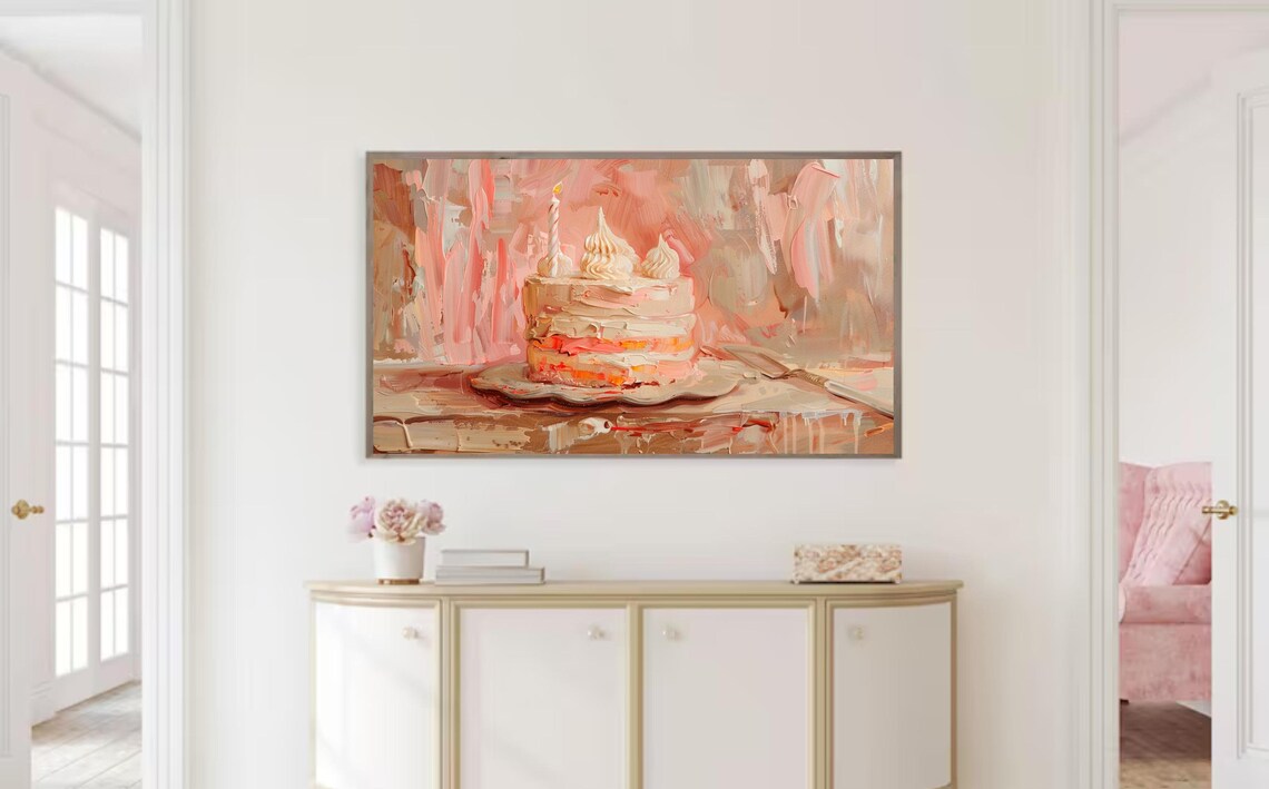 Pink Birthday Cake with Candle Impasto Painting Sweet Party Wall Art - Image 2