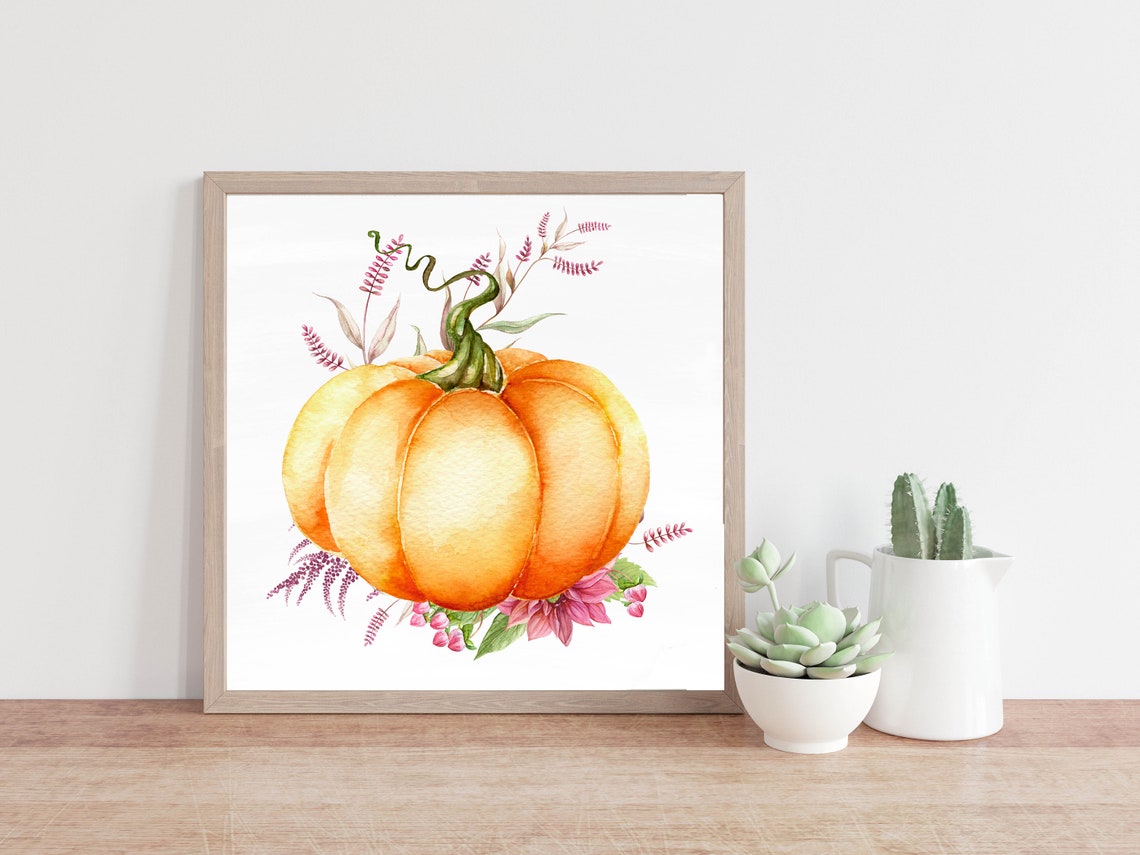 Watercolor Orange Pumpkin with Pink Florals Fall Kitchen Wall Poster - Image 2