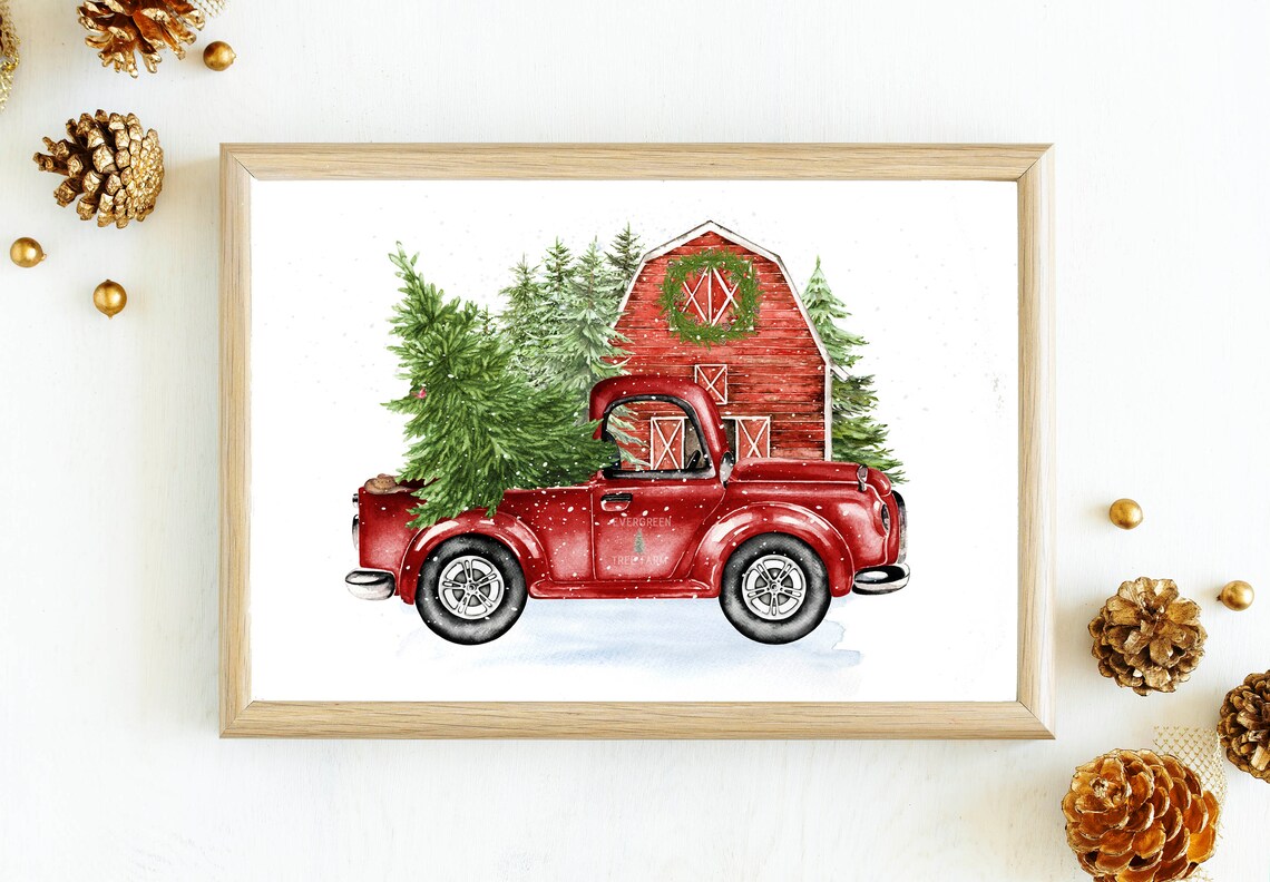 Vintage Red Pickup Truck Christmas Tree Farm Holiday Wall Art - Image 2