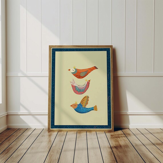 Three Colorful Crowned Birds Vertical Trio Folk Nursery Poster