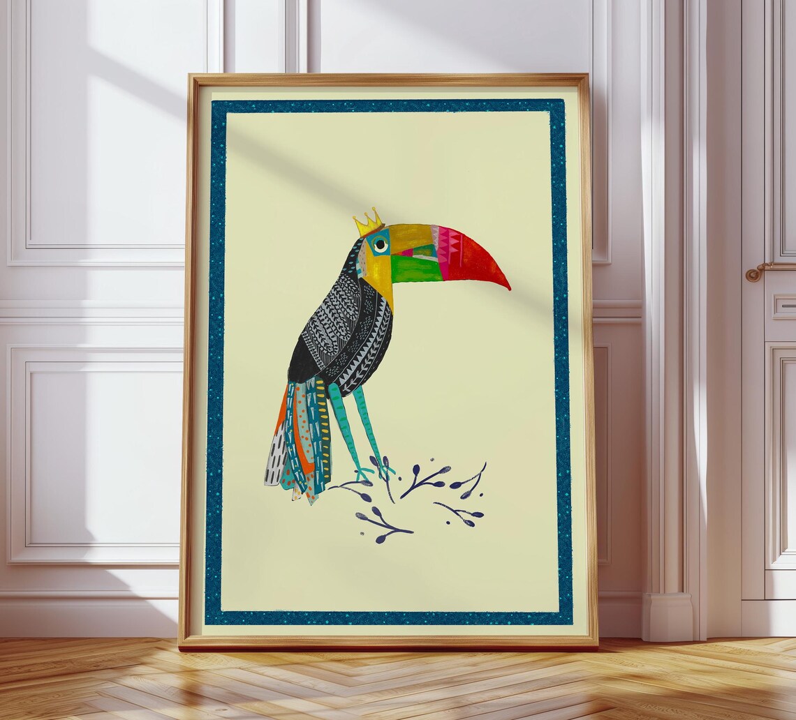 Crowned Toucan Folk Art Print Colorful Tropical Bird Nursery Wall Decor - Image 3