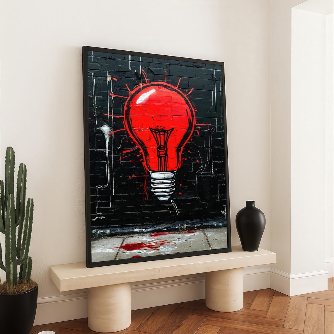 Red Lightbulb Graffiti Street Art On Black Brick Wall Canvas Poster