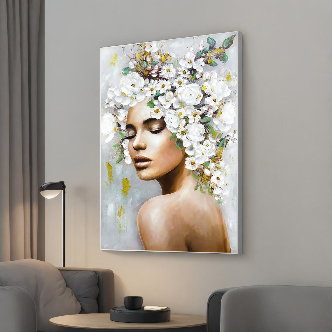 Woman With White Blossoms Golden Floral Elegant Portrait Wall Art