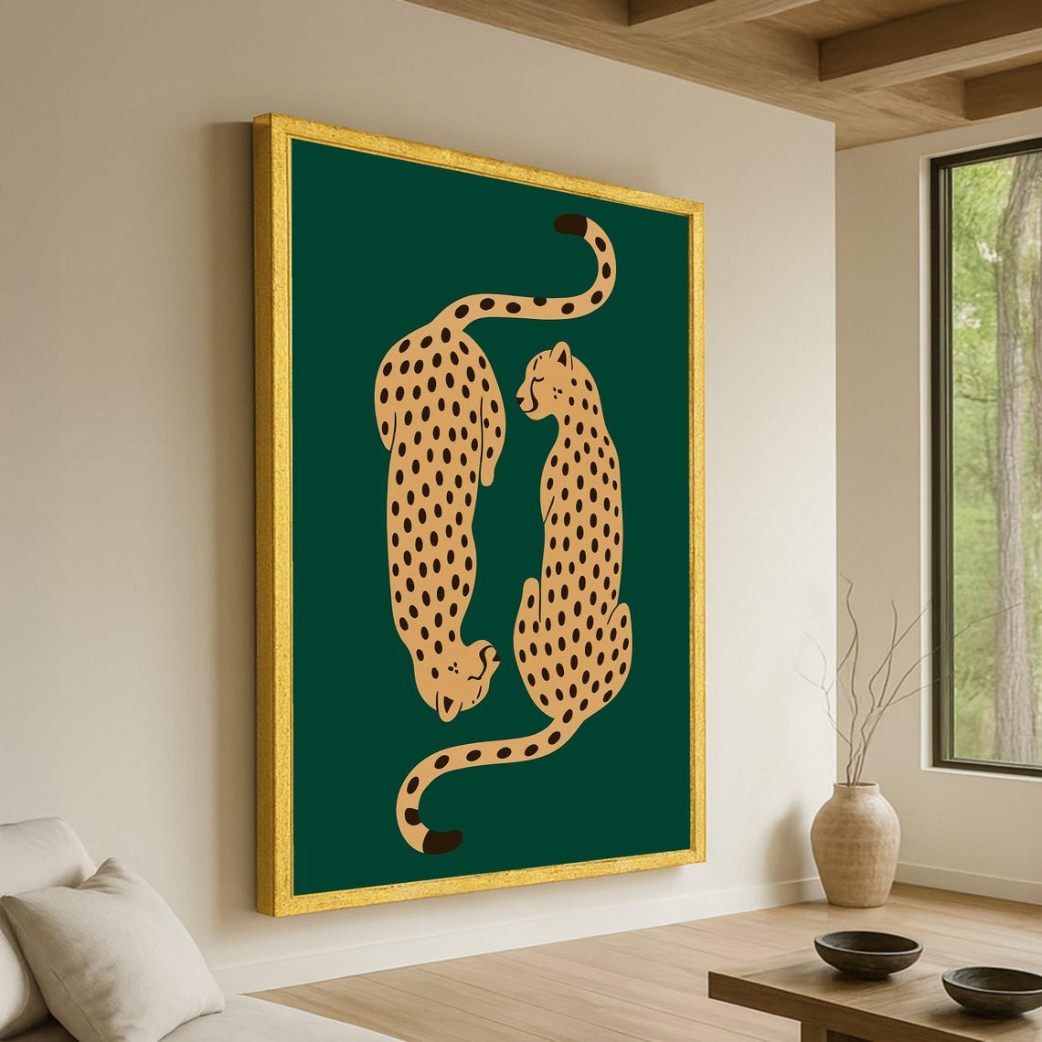 Cheetah Pair Minimalist Safari Illustration Green Gold Art Poster