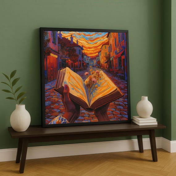 Open Book With Flowers Sunset Village Street Canvas Rustic Cobblestone Path Warm Color Palette Wall Art Imaginative Illustration