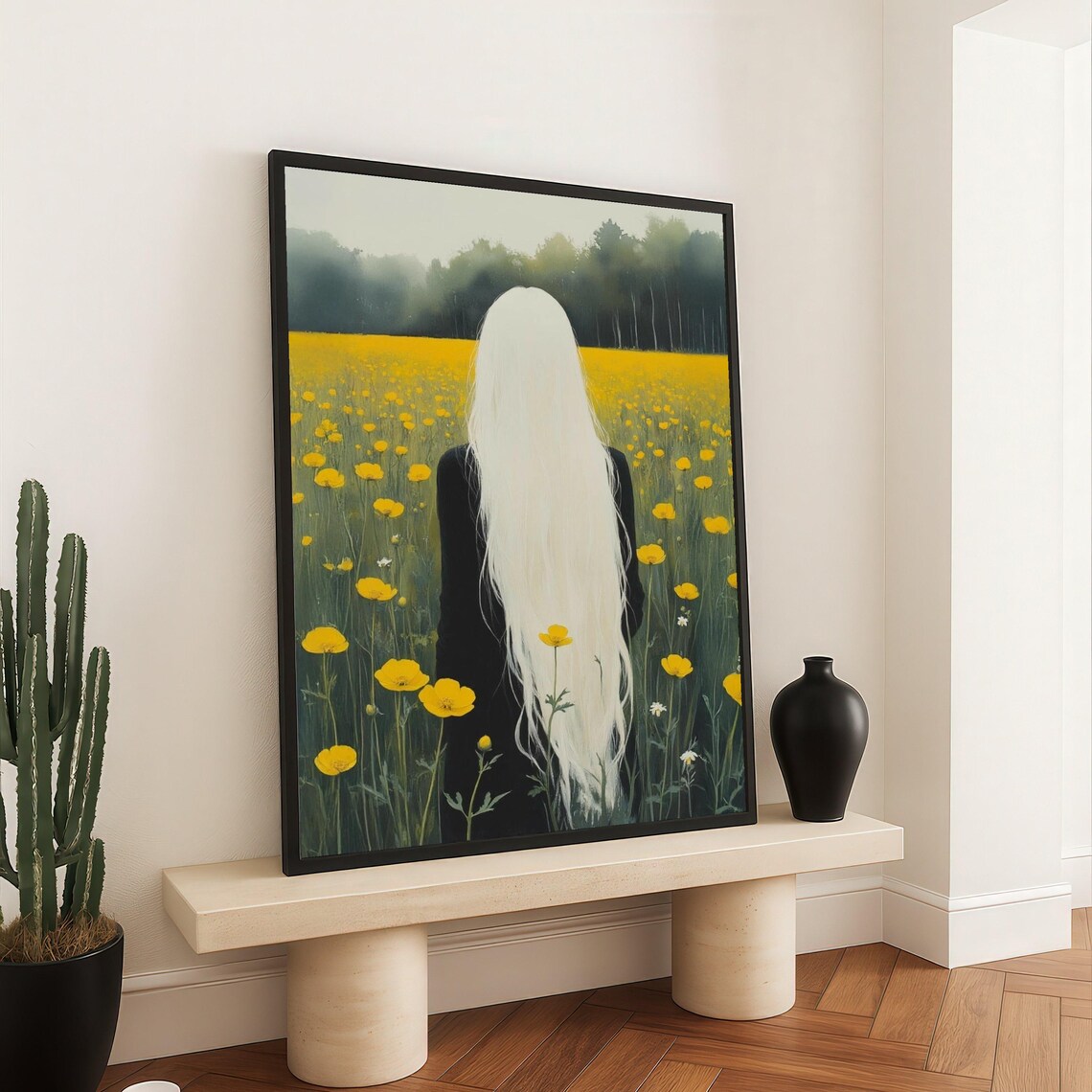 Woman With Long White Hair In Yellow Flower Field Canvas Floral Meadow Wall Art Nature Landscape Peaceful Outdoor Scene Decoration