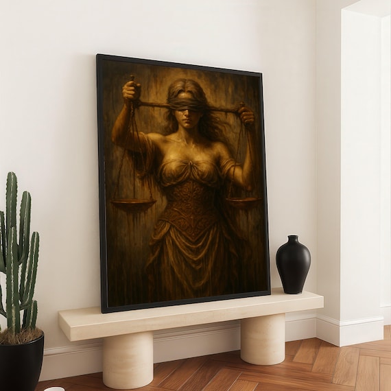 Blind Justice Woman Holding Scales Vintage Golden Painting Poster