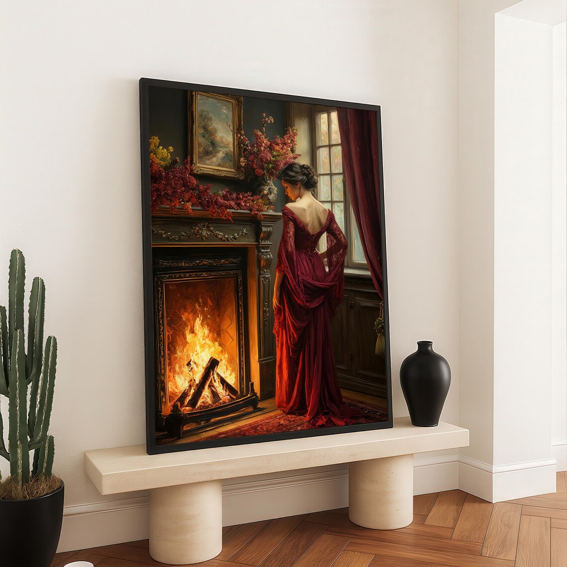 Victorian Lady Red Dress By Fireplace Romantic Oil Painting Poster