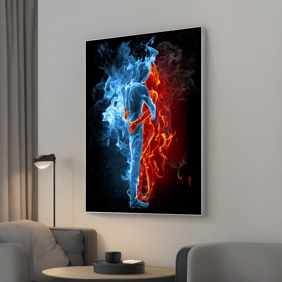 Fire and Water Couple Romantic Art Blue Flame Red Fire Wall Poster