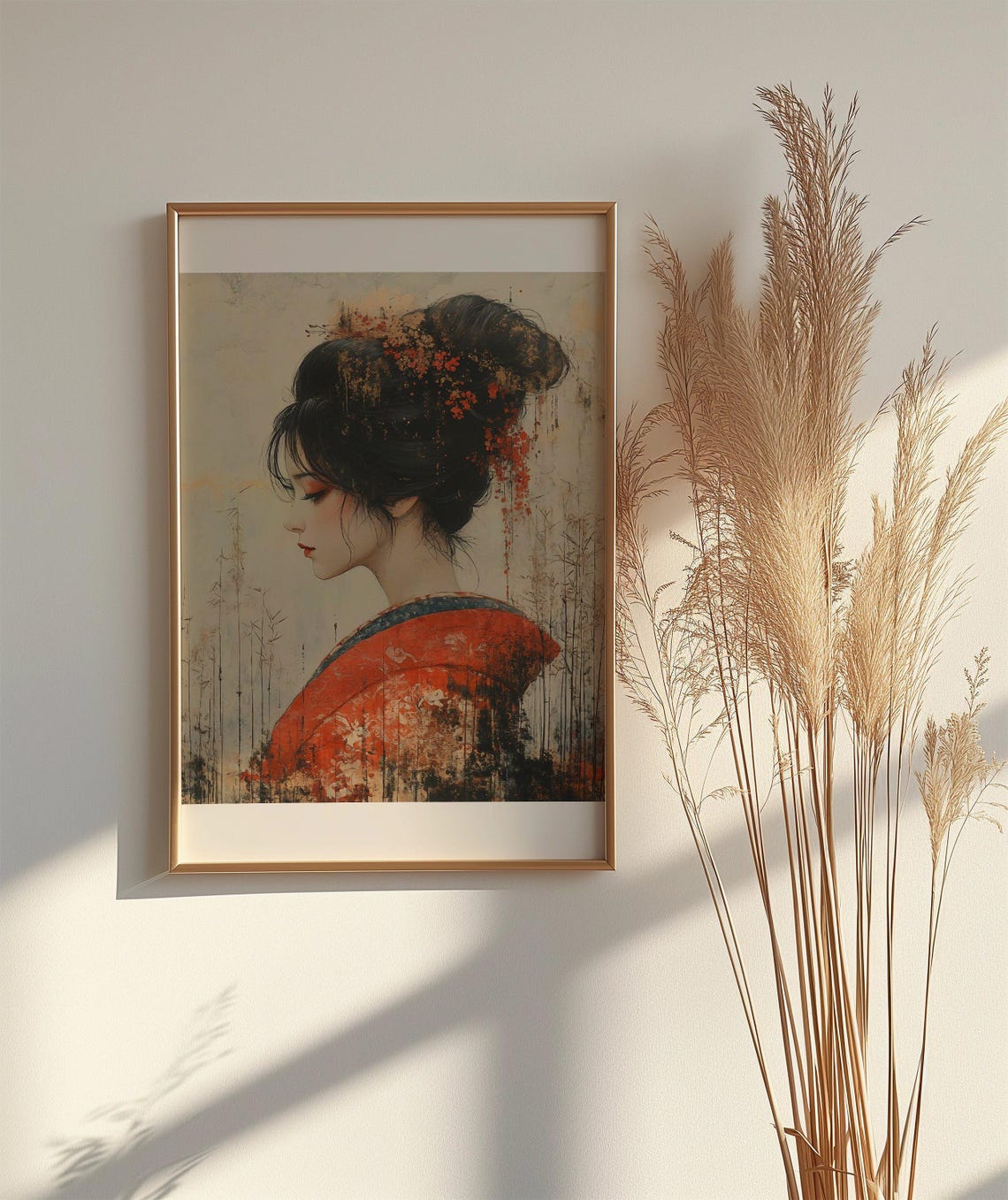 Serene Geisha Profile in Crimson Kimono Ink Wash Painting Art Poster - Image 2