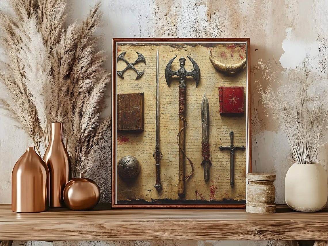 Antique Medieval Battle Axes and Swords on Parchment Art Poster - Image 5
