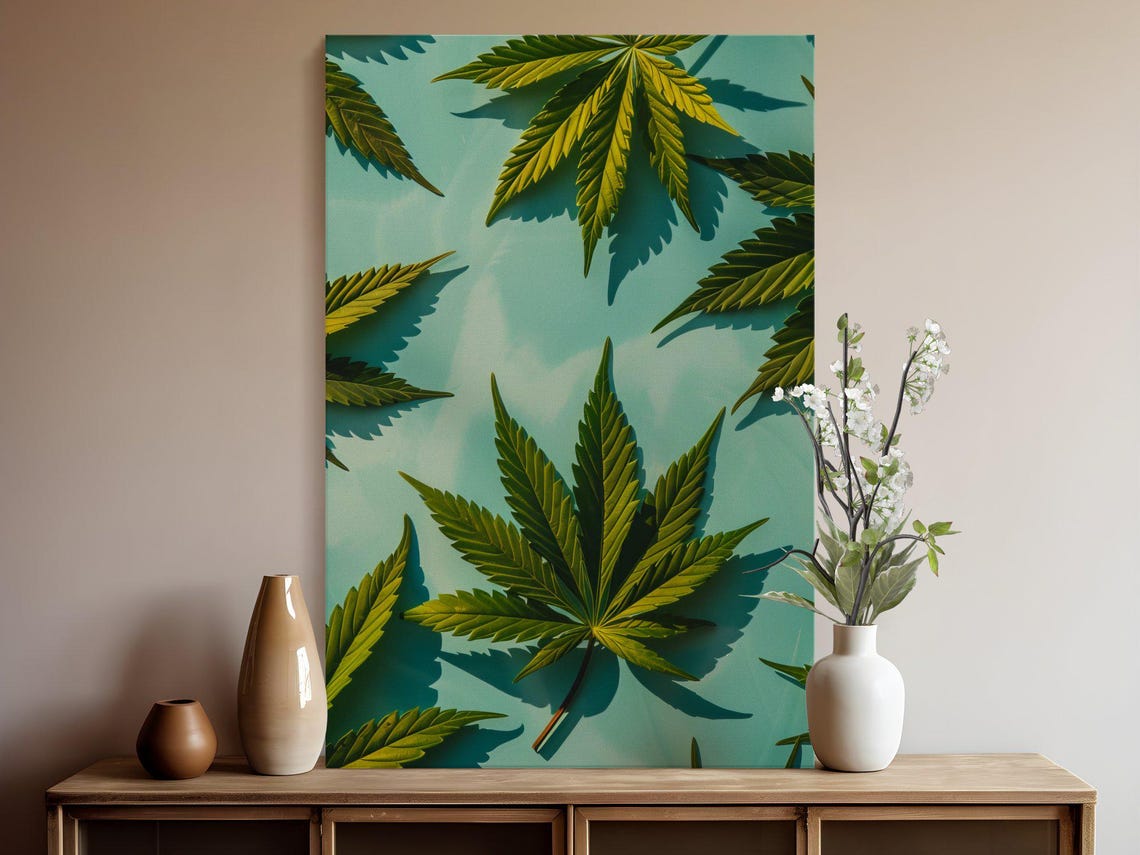 Cannabis Leaves Repeating Pattern On Teal Modern Botanical Art Poster - Image 5