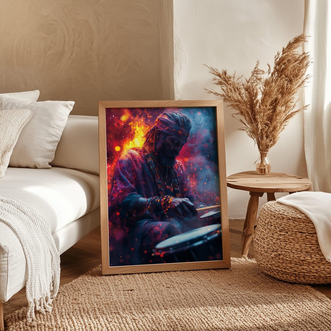 Fiery Tribal Drummer Playing Drums Amid Red And Blue Sparks Wall Art - Image 4