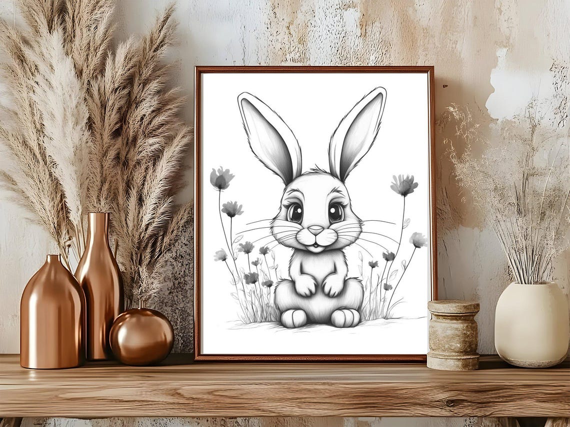 Adorable Bunny Sketch With Wildflowers Nursery Room Decor Poster - Image 5