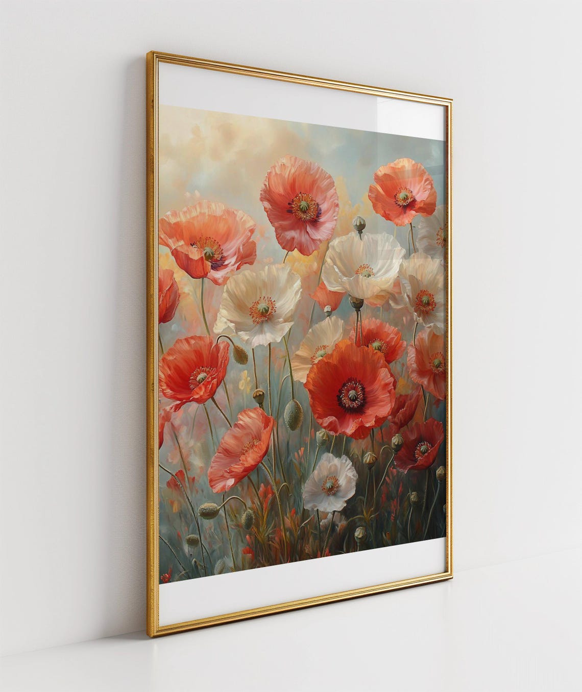 Red Poppy Field With White Wildflowers Botanical Nature Poster - Image 3