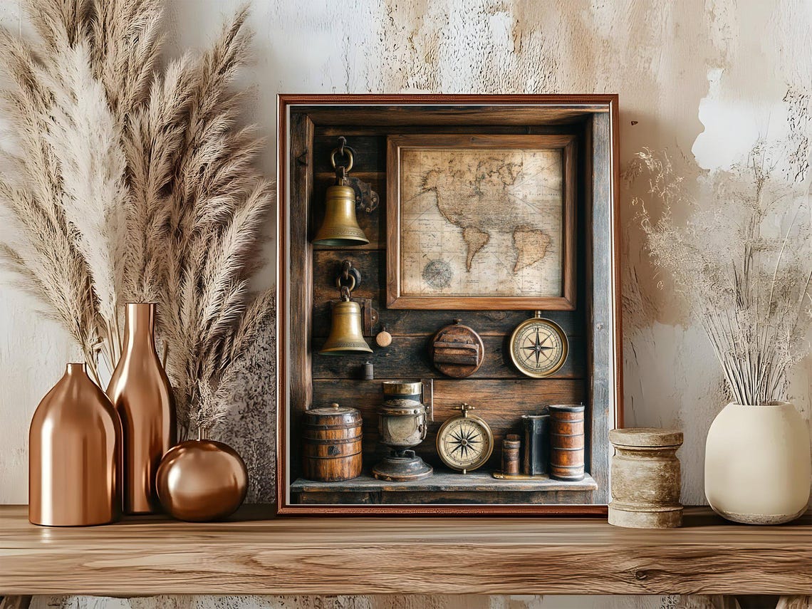 Antique Nautical Shelf with Bells Compass and Map Art Poster - Image 5