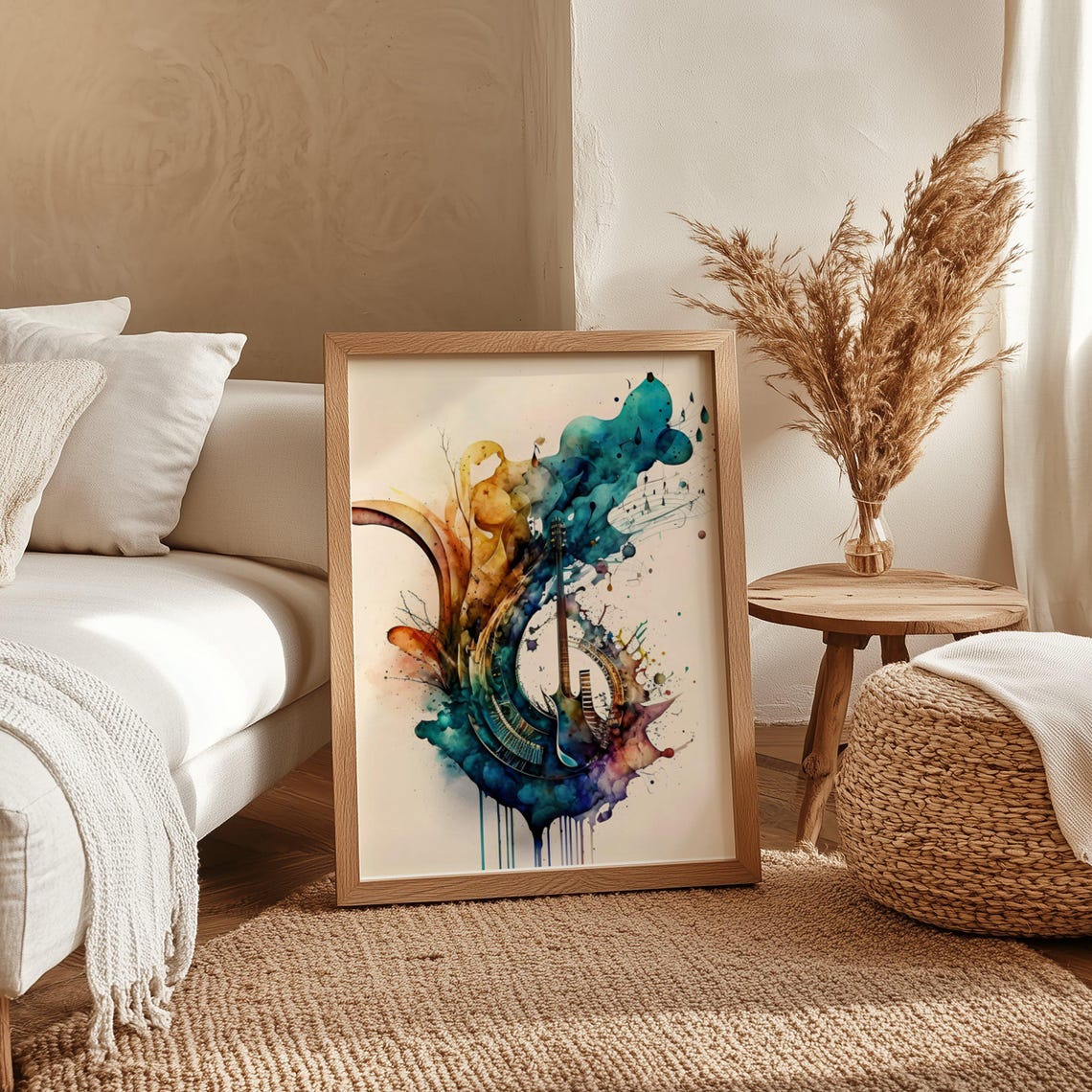 Acoustic Guitar Dissolving Into Teal And Gold Watercolor Splash Poster - Image 4