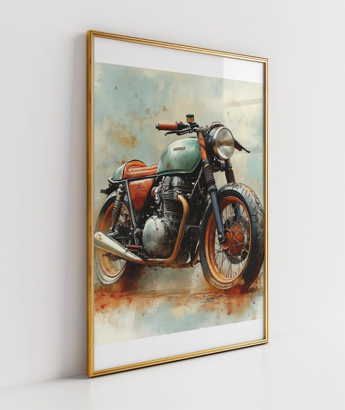 Retro Cafe Racer Motorcycle Poster Teal Watercolor Classic Bike - Image 3