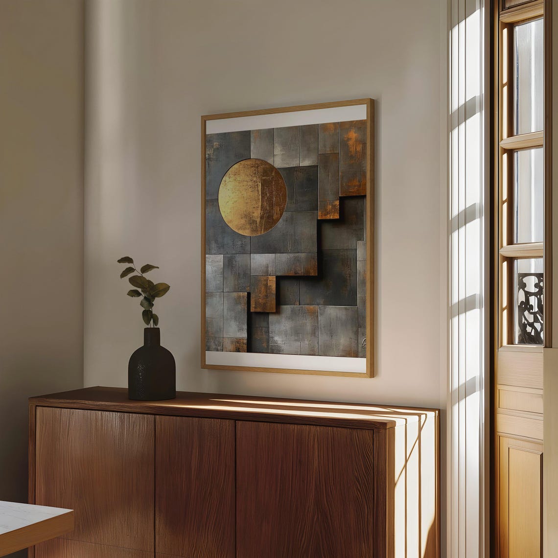Abstract Geometric Wall Art Modern Gold Circle And Rectangles Print Unique Contemporary Design Home Dcor - Image 4