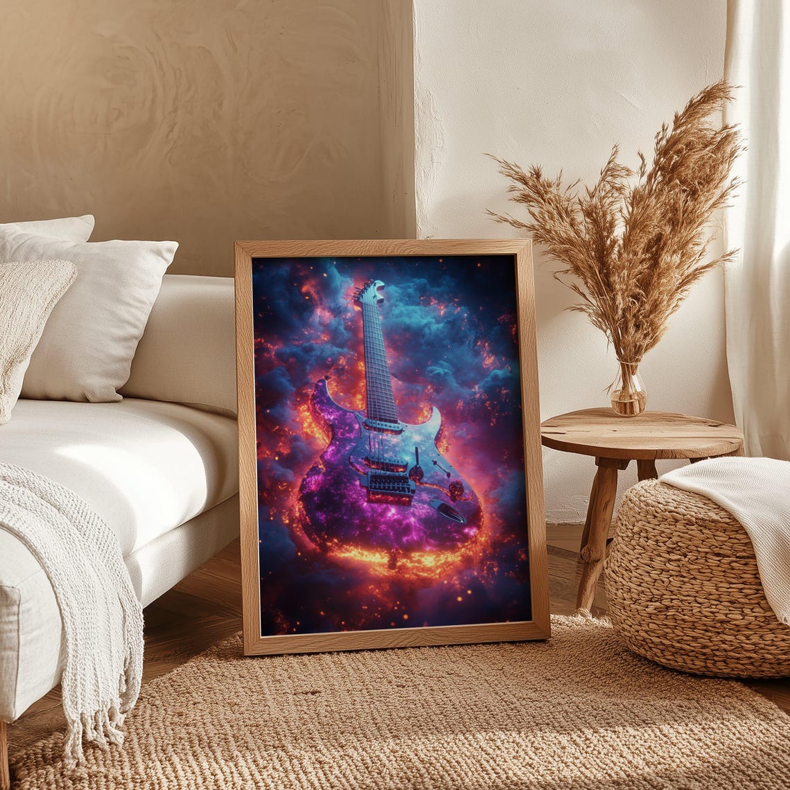 Fiery Electric Guitar Rising From Cosmic Red And Blue Flames Wall Art - Image 4
