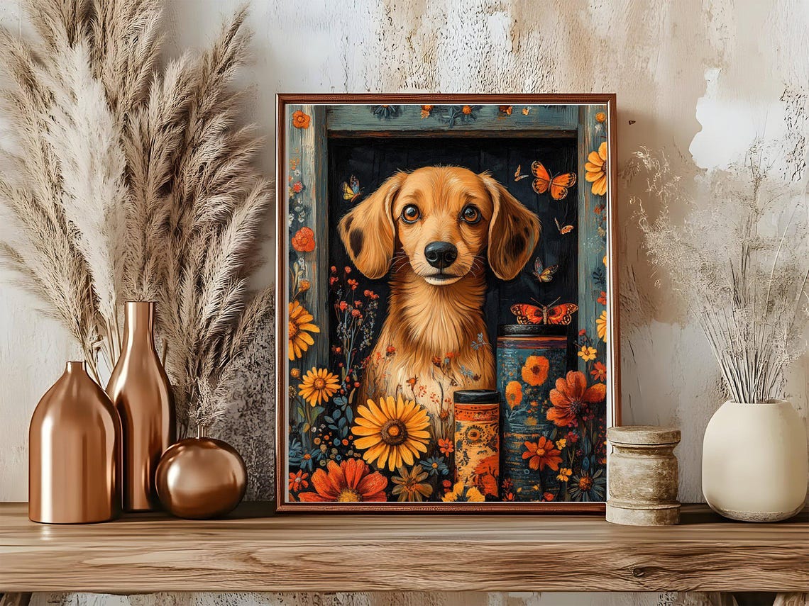 Dachshund Puppy in Floral Window with Butterflies Art Poster - Image 5