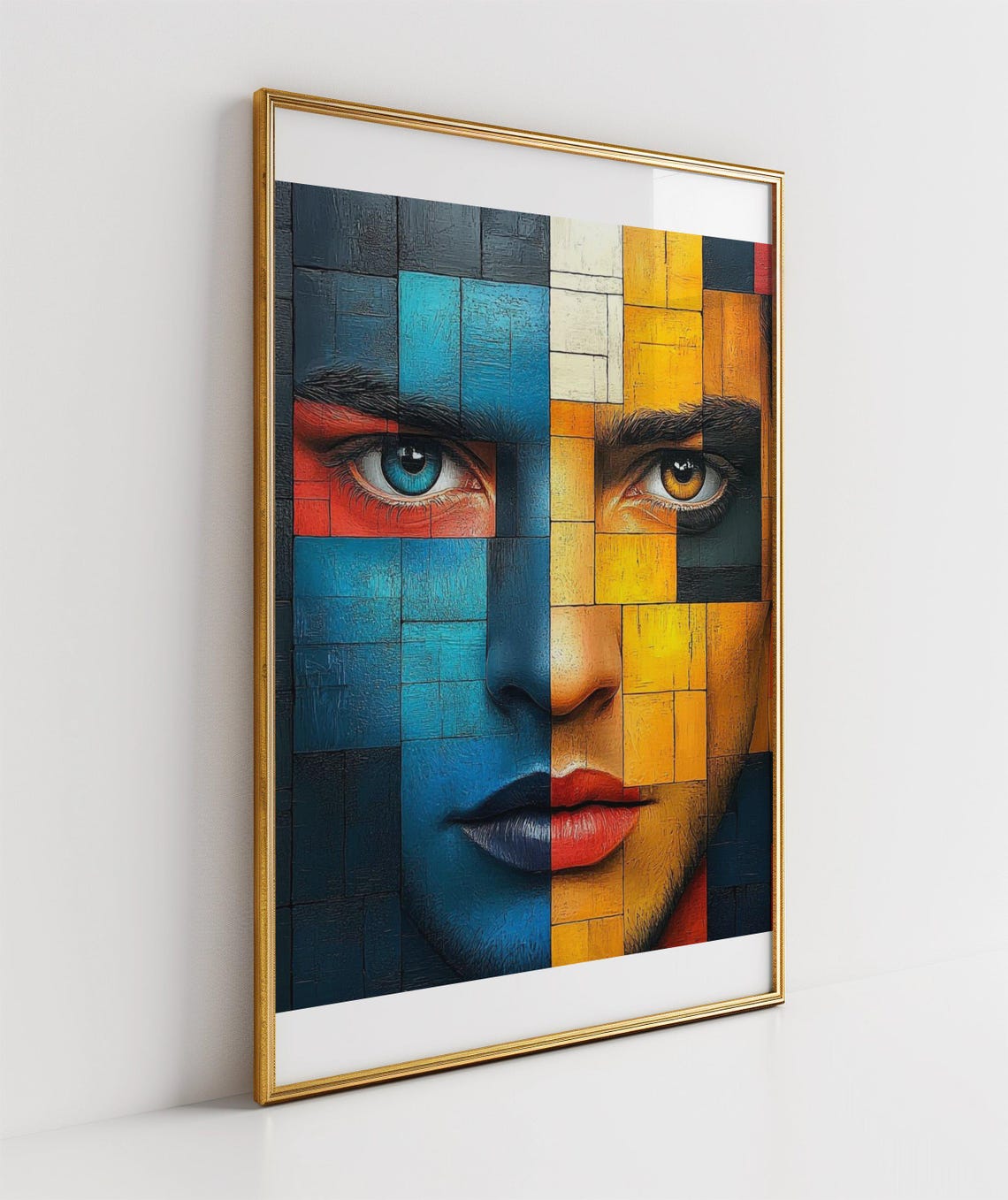 Cubist Face Poster Blue Gold Mosaic Modern Abstract Portrait Art - Image 3