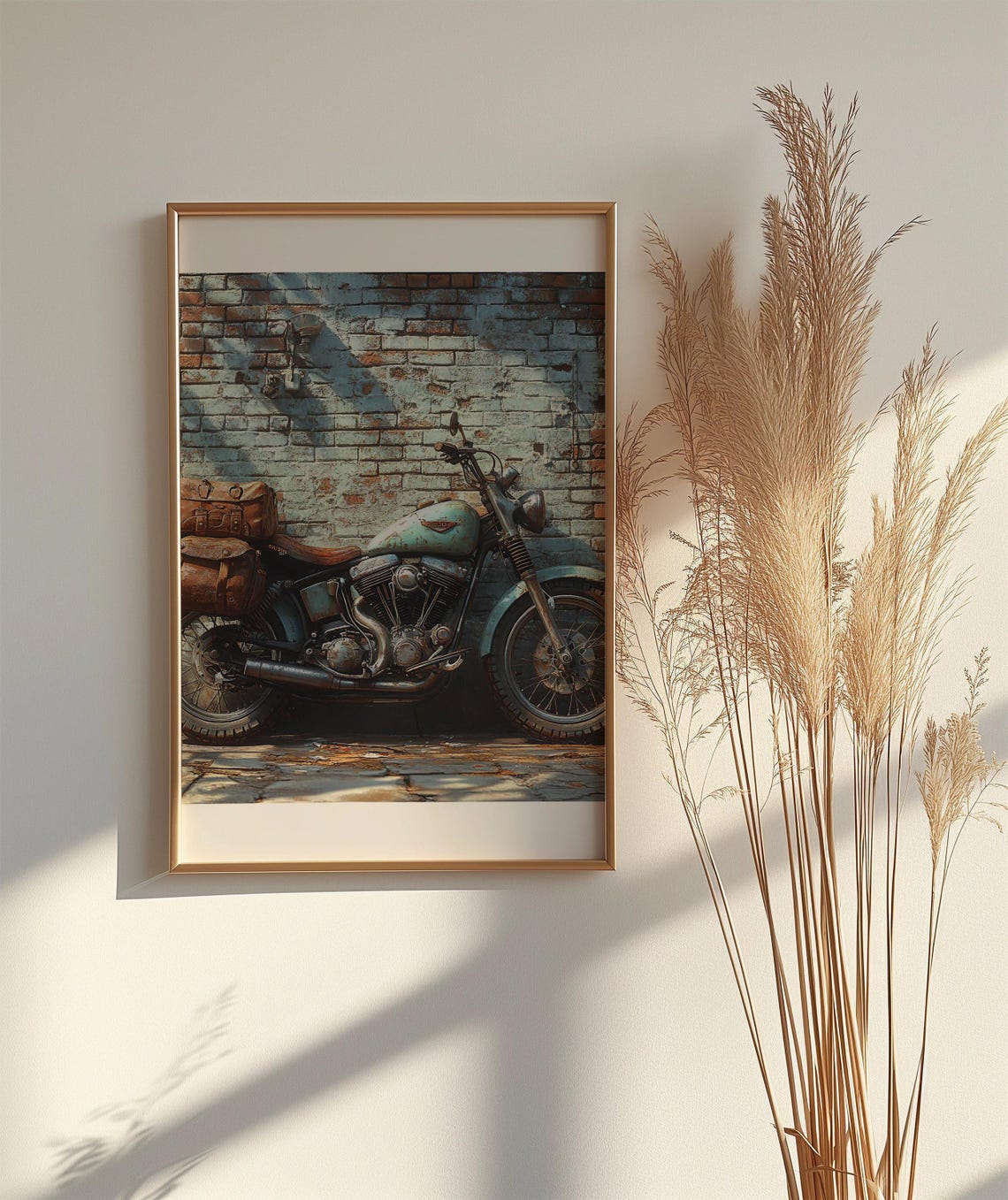 Vintage Teal Motorcycle Poster Rustic Brick Wall Retro Bike Decor - Image 2