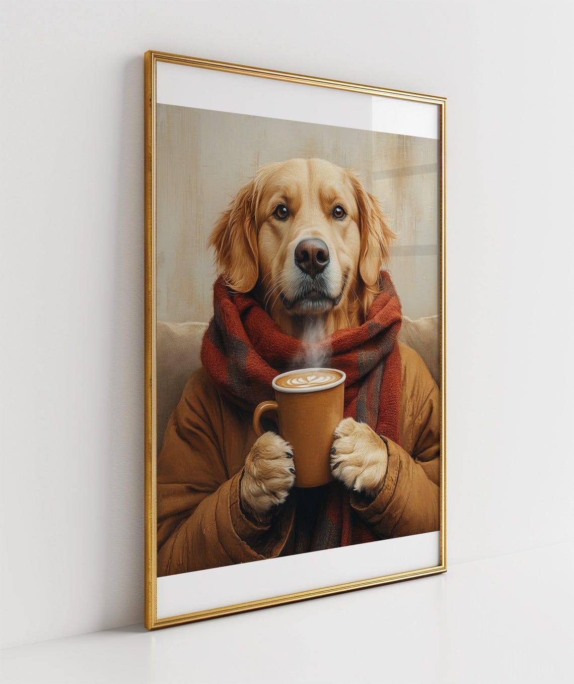 Golden Retriever in Winter Scarf Sipping a Warm Latte Art Poster - Image 3