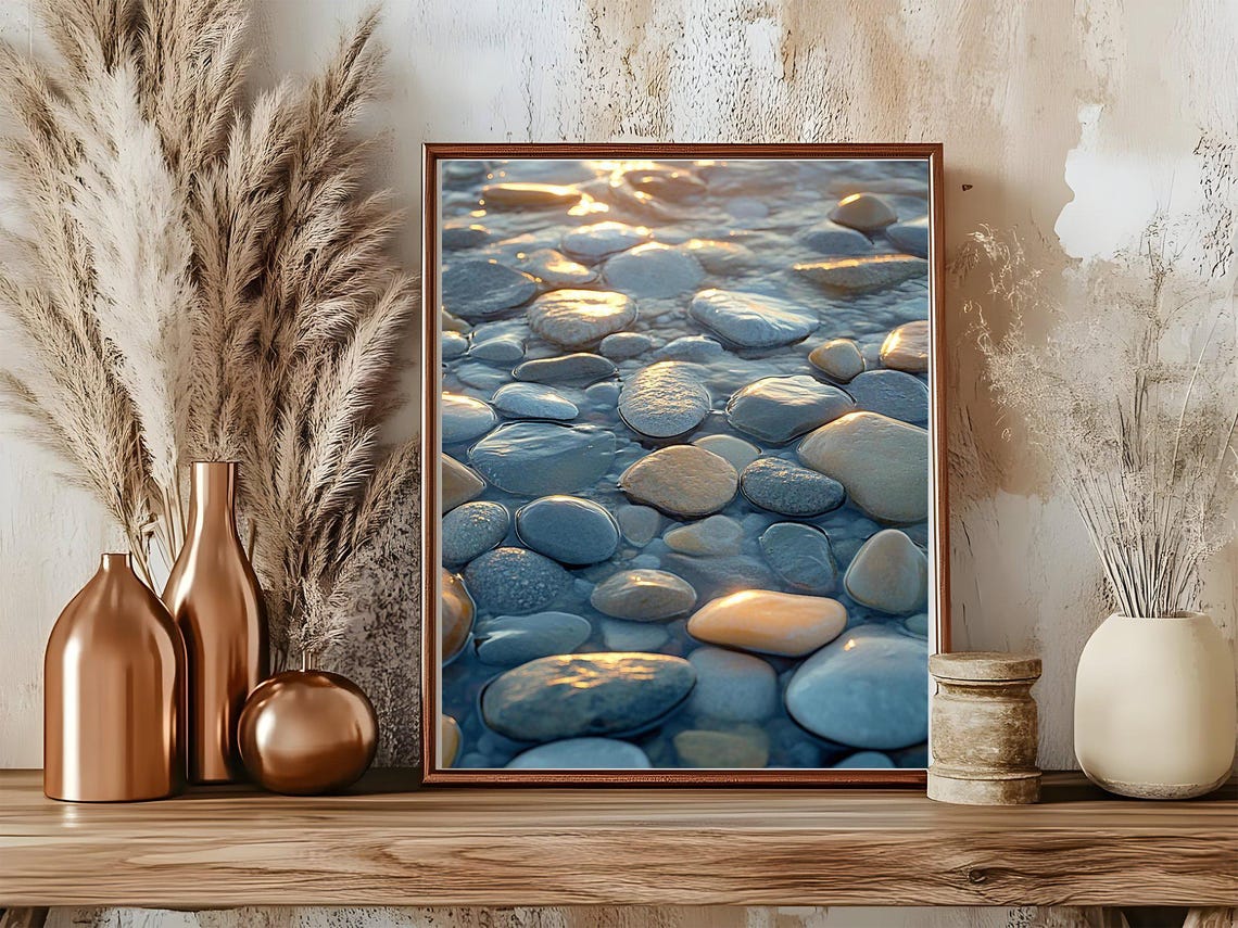 Golden Sunlight Glowing on Smooth Wet Pebbles Coastal Art Poster - Image 5