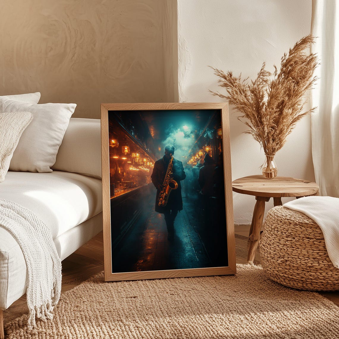 Smoky Jazz Bar Saxophonist Walking In Moody Blue Light Poster - Image 4