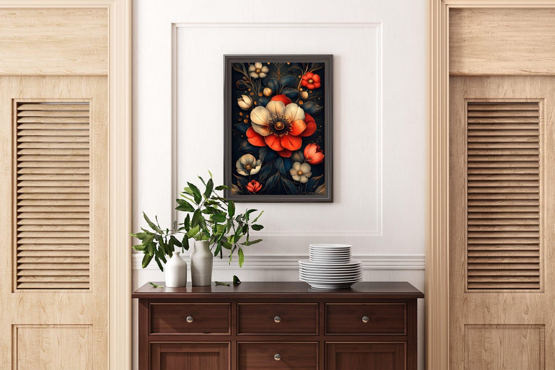 Moody Red And White Flowers On Dark Botanical Floral Wall Art - Image 2