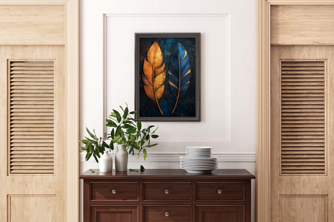 Golden and Sapphire Leaves With Gold Veining on Dark Teal Poster - Image 2