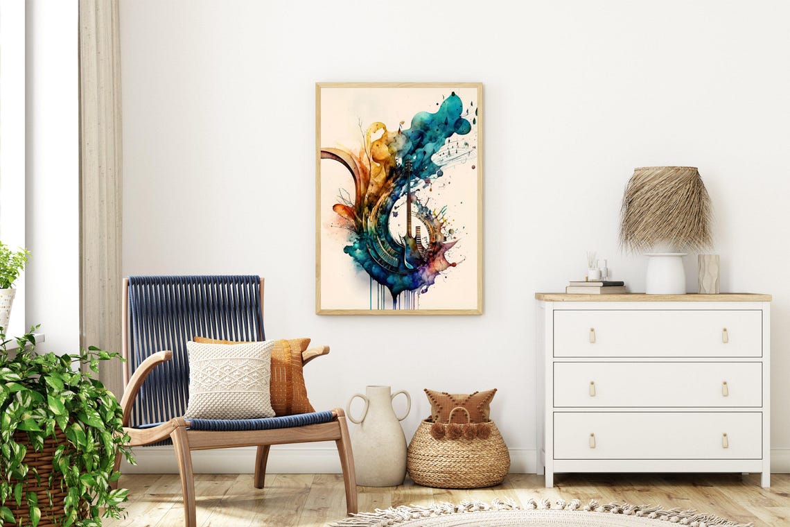 Acoustic Guitar Dissolving Into Teal And Gold Watercolor Splash Poster - Image 3