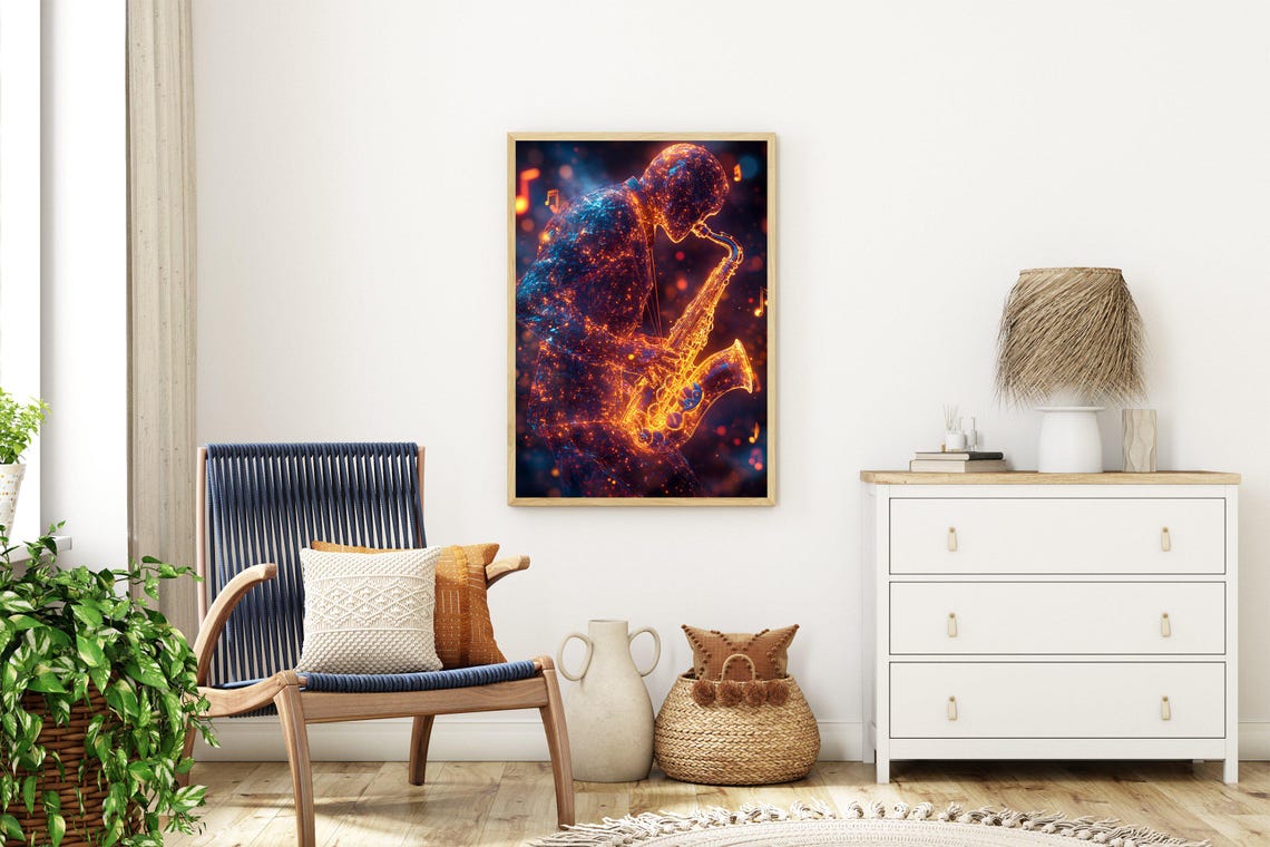 Glowing Particle Saxophonist Playing A Golden Saxophone Wall Art - Image 3