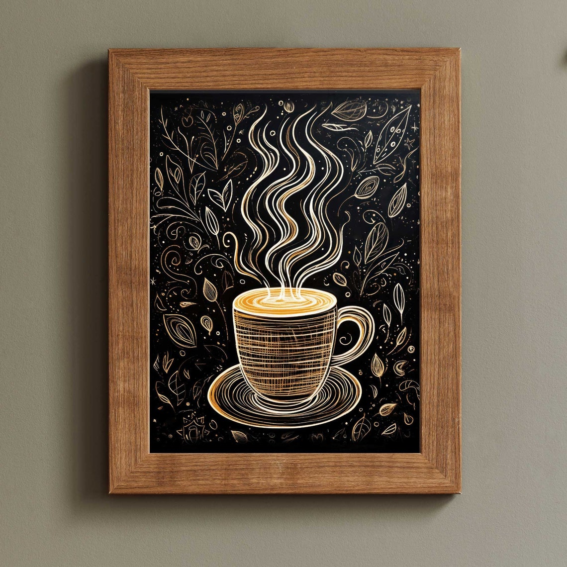 Golden Steaming Coffee Cup Botanical Doodle Art Black Poster - Image 2