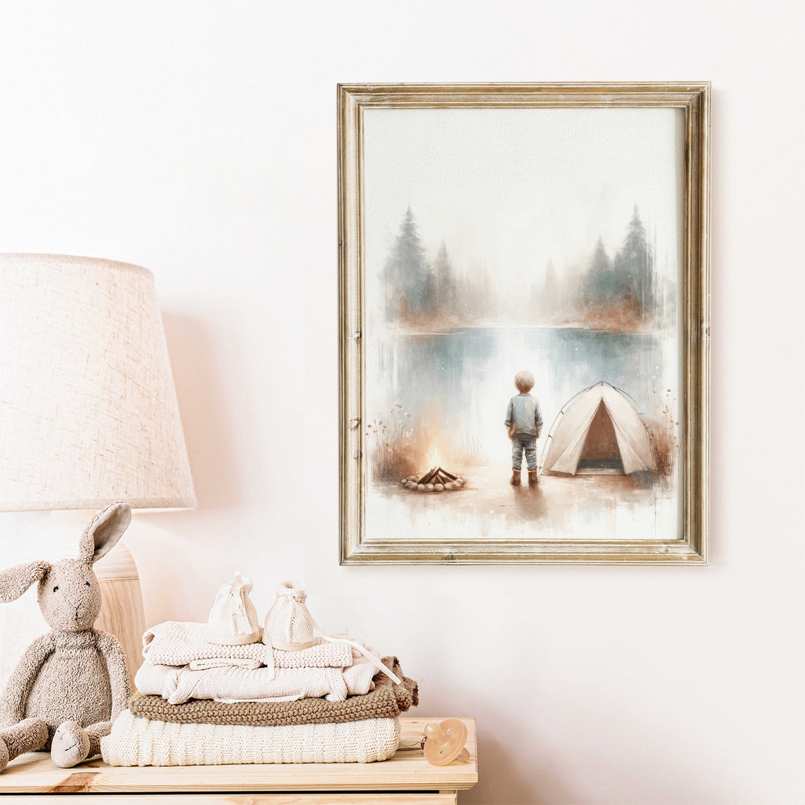 Boy Camping by Misty Lake Poster Little Camper Tent Campfire Nursery - Image 2