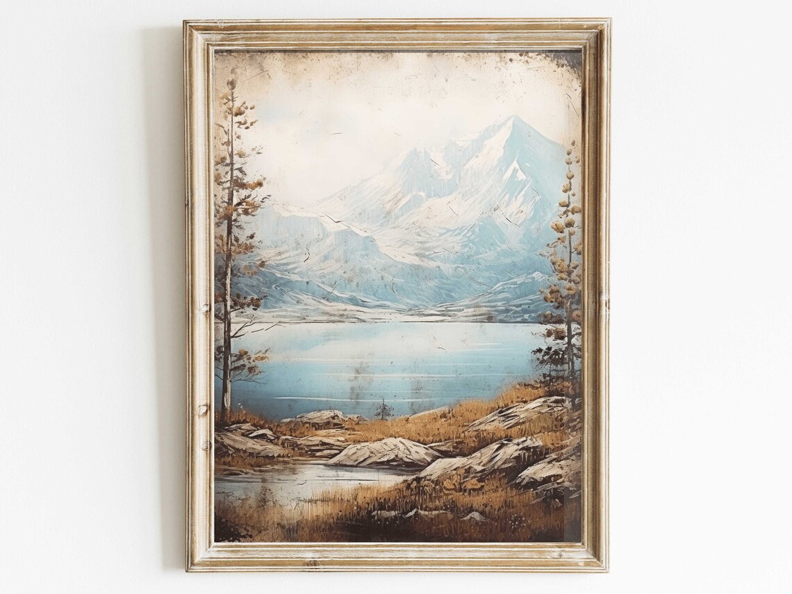 Lake Mountain Vintage Art Print, Rustic Landscape