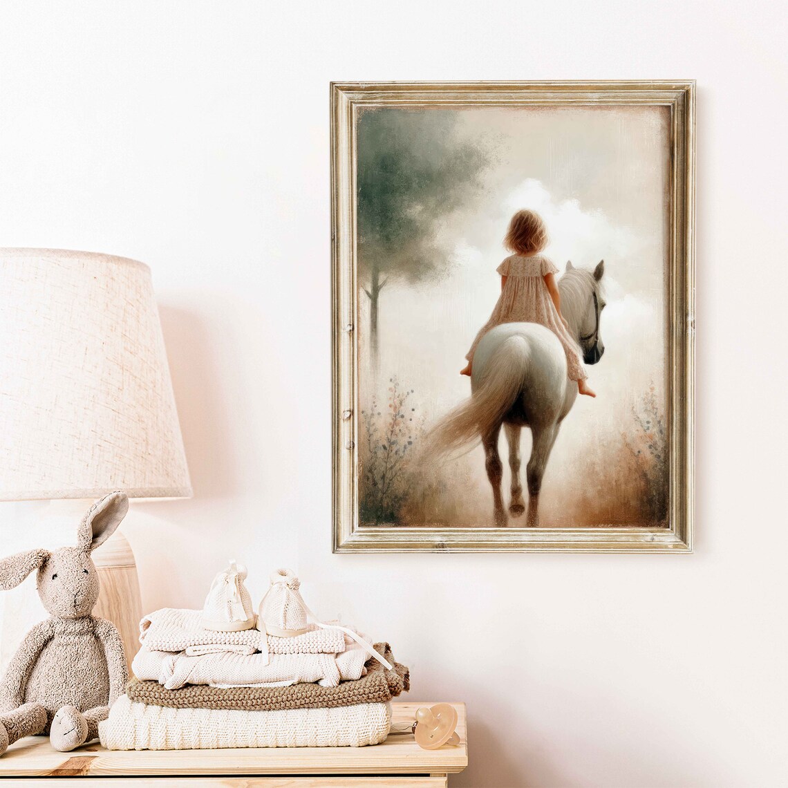 Girl Riding White Horse Through Misty Meadow Vintage Nursery Poster - Image 2