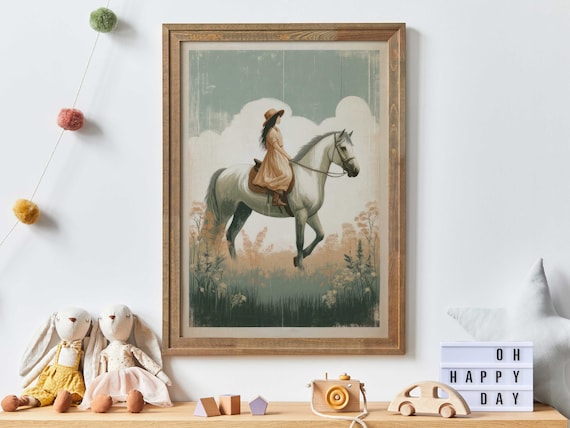 Woman in a Golden Dress Riding a White Horse Through Meadow Poster