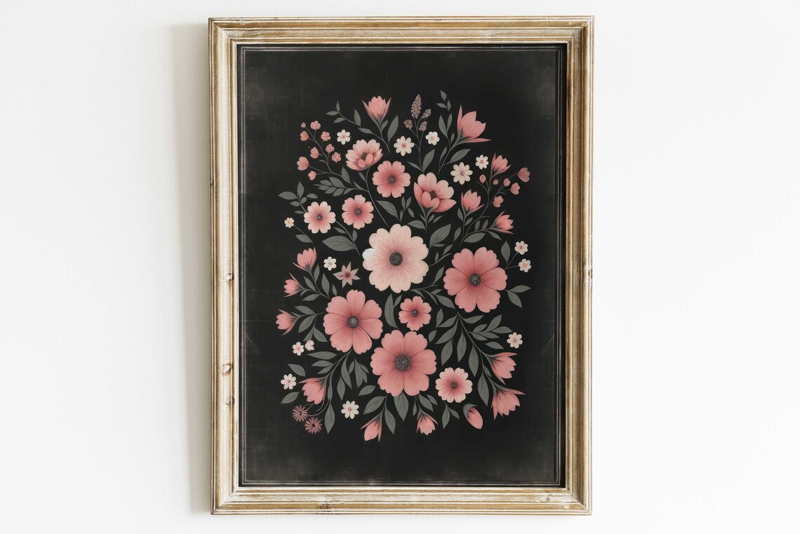 Romantic Pink Floral Bouquet on Vintage Black Chalkboard Art Print - Image 2