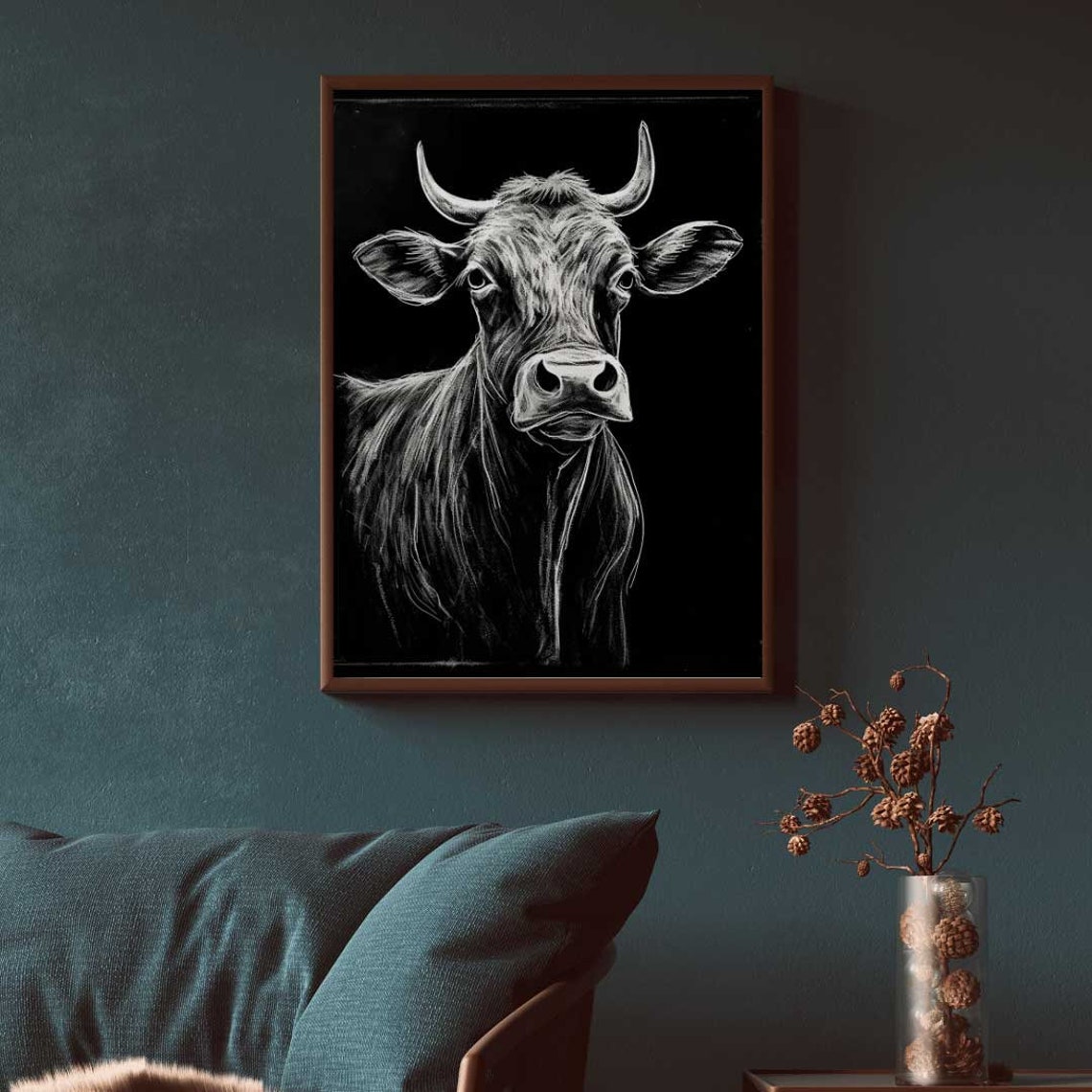 Curious Cow Chalk Sketch On Black Background Farm Animal Poster - Image 2