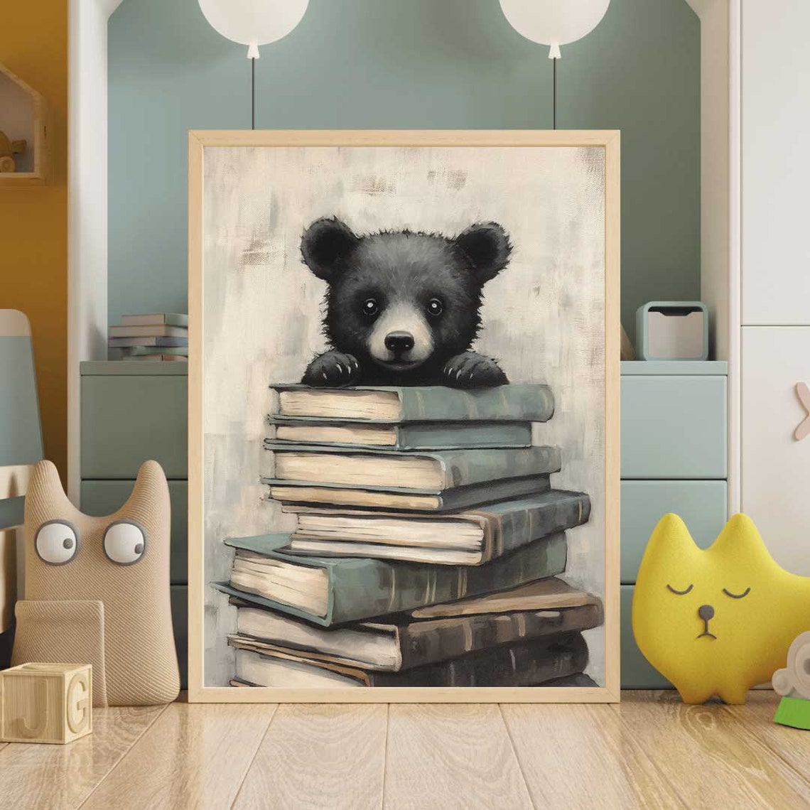 Black Bear Cub on a Stack of Books Kids Reading Corner Art Poster - Image 2