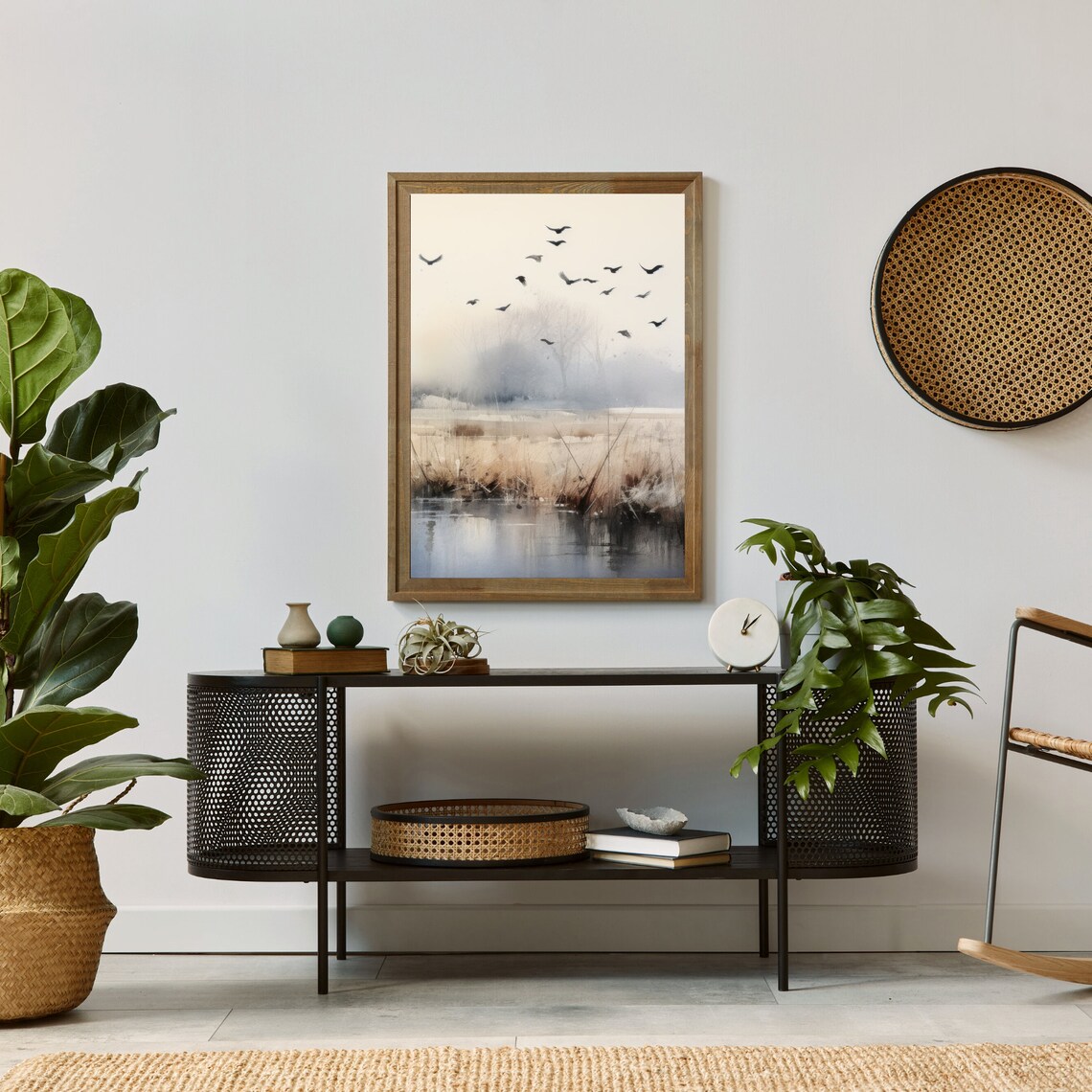 Flock of Birds over Misty Wetland Poster Tranquil Watercolor Nature - Image 3