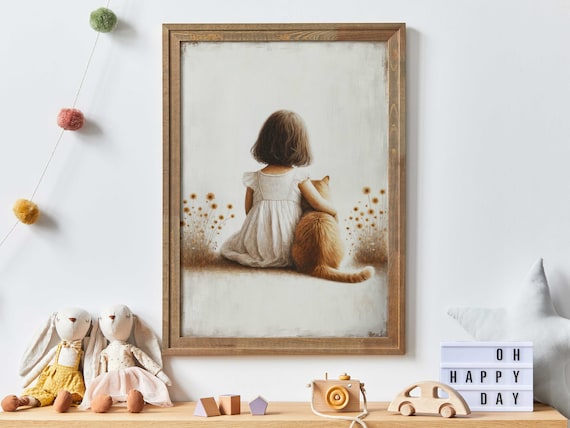 Little Girl In White Dress Hugging An Orange Cat Among Wildflowers Print