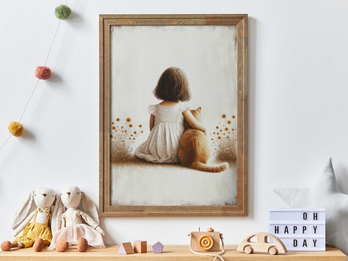 Little Girl In White Dress Hugging An Orange Cat Among Wildflowers Print