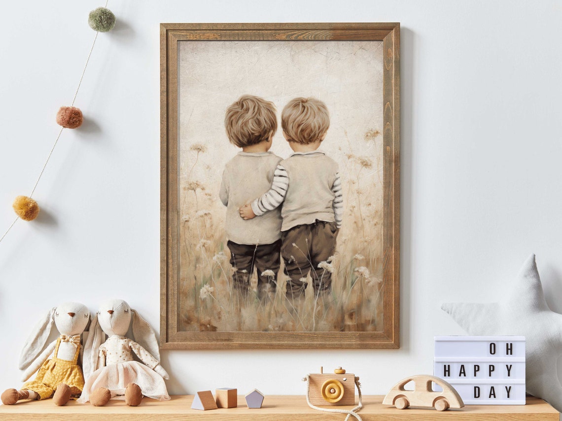 Twin Brothers Arm in Arm in Wheat Field Rustic Nursery Poster