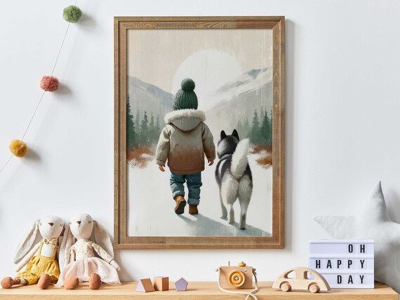 Little Boy and Husky Walking in Snowy Mountains Winter Wall Poster