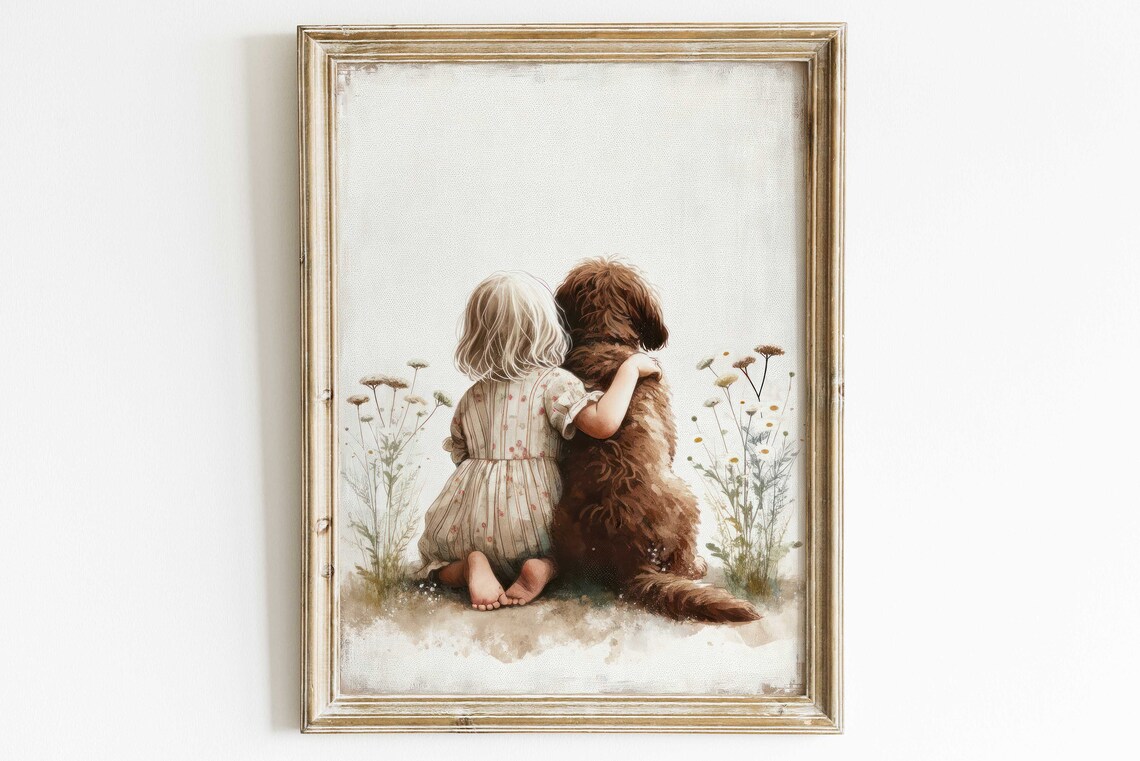 Little Girl Hugging Her Brown Labradoodle Dog in a Wildflower Field Poster